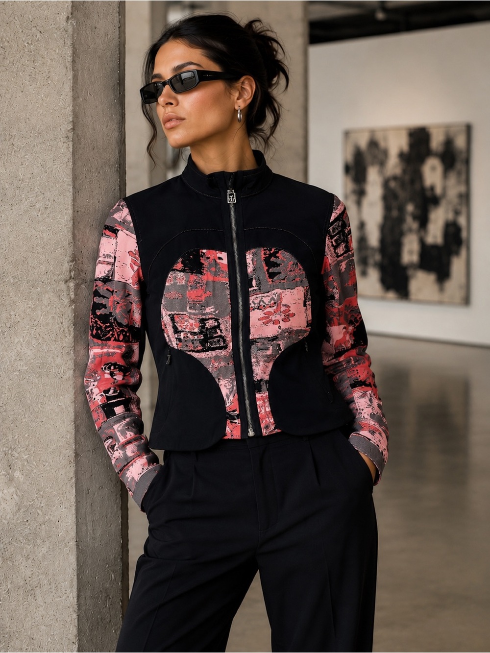 INDIES Paris Abstract Print Moto Jacket Portugal Y2K Designer Zip Small
